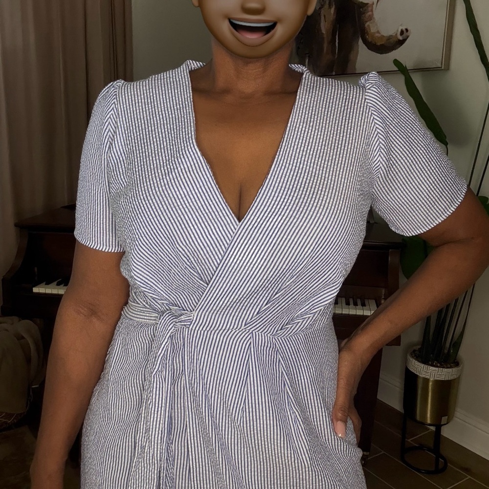 Blue & White Seersucker Wrap Dress